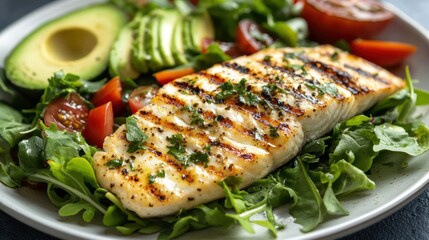 A low-carb meal with a zesty salad, grilled fish, and a side of avocado, maintaining taste and nutrition while keeping carbs low