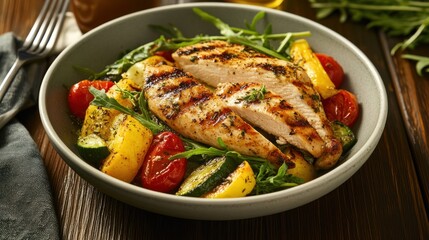 A low-sodium meal featuring grilled chicken, steamed vegetables, and a light, herb-based seasoning