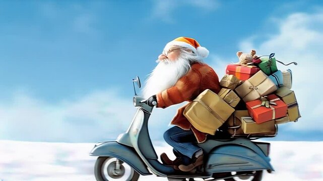 cartoon Santa Claus is riding a moped while carrying a large stack of colorful presents, zooming through a snowy winter landscape
