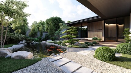 Obraz premium Modern Japanese front yard garden with a koi pond, bonsai trees, and smooth pebble walkways, no people, no logo.