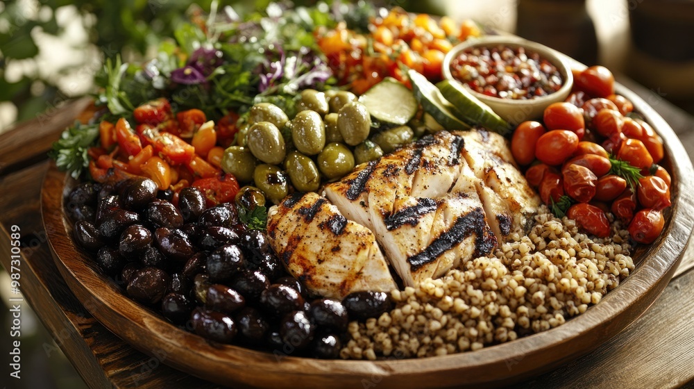 Wall mural a mediterranean-style platter with olives, whole grains, grilled fish, and fresh vegetables, offerin