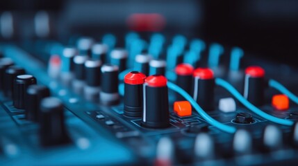 A detailed close-up showing an audio mixing console with black, orange, and red knobs, and blue cables connected. Essential for sound mixers and music production enthusiasts.