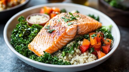 A nutrient-rich meal bursting with superfoods like salmon, kale, and quinoa, full of essential vitamins and minerals