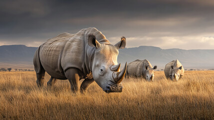 Majestic white rhino standing in the African savannah with dramatic clouds and mountains in the background
