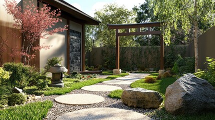 Traditional Japanese front yard garden design with a torii gate, stepping stones, and Japanese maples in the background, no people, no logo.