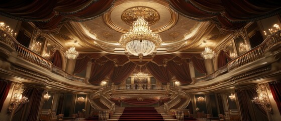 Obraz premium Magnificent chandelier illuminates a grand ballroom adorned with silk drapes, rich mahogany details, and an intricate ceiling, exuding timeless elegance and wealth