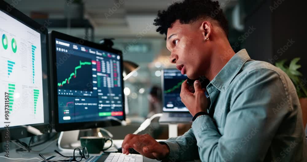 Aufkleber trading, graphs and businessman with phone call in office for investment, growth or client update. d