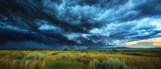 Fototapeta premium Dramatic stormy sky over a serene landscape highlighting the stark contrast between light clouds and dark, foreboding weather