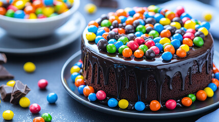a festive chocolate cake adorned with vibrant candies and colorful sprinkles, symbolizing joy and celebration