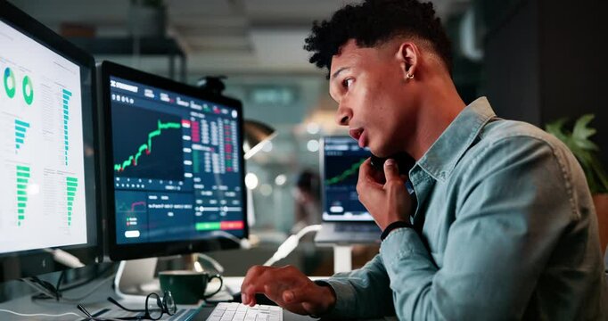 Trading, graphs and businessman with phone call in office for investment, growth or client update. Digital, portfolio and person with tech in discussion for crypto mining, blockchain or profit review