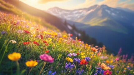 Obraz premium Colorful wildflowers on a sunlit mountain slope, dynamic composition, showcasing nature vibrant palette and scenic beauty.