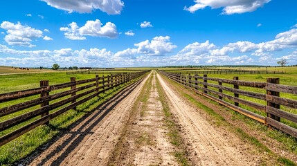 Fototapeta premium Rural dirt road flanked by wooden fences under a bright blue sky and fluffy clouds.