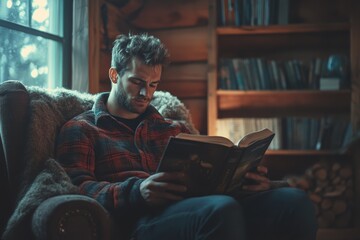 Fototapeta premium Self-care Journey: Male Embracing Burnout Recovery Through Reading in Cozy Chair