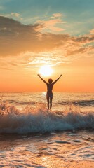 Serene beach sunrise, individual raising arms in joy, waves gently crashing, radiating happiness and tranquility, encapsulating the feeling of being on top of the world