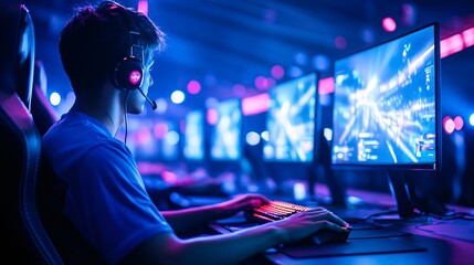 Teenage Gamer Competing in an Esports Tournament with High-Tech Equipment