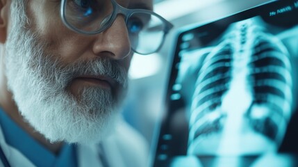 A medical professional examines a detailed chest x-ray displayed on a digital monitor, focusing on the lungs and ribcage, indicating a diagnostic process for patient health.
