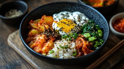 A probiotic-rich bowl featuring yogurt, kimchi, and fermented vegetables, promoting gut health and digestion