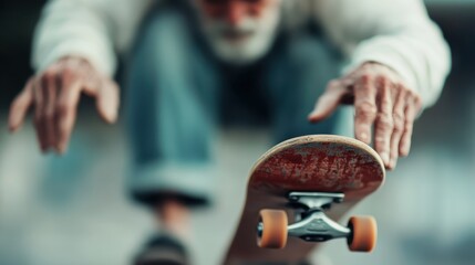 A striking and energetic image of an older individual balancing on a skateboard, capturing the essence of agility, movement, and the defiance of age stereotypes in sports.
