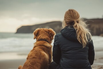 Finding Peace: Woman Seeking Emotional Support and Calm with Her Beloved Dog on a serene Beach