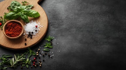 An appealing mix of colorful herbs and spices including garlic, basil, salt, and pepper displayed on a wooden kitchen board, ideal for illustrating gourmet cooking and culinary arts.