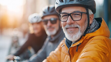 Senior Friends Enjoying a Bike Ride Outdoors in Autumn Sunshine