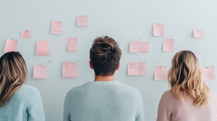 Three individuals engaged in a brainstorming session, facing a wall covered with pink sticky notes, reflecting collaborative planning and creative thinking in a workspace setting.