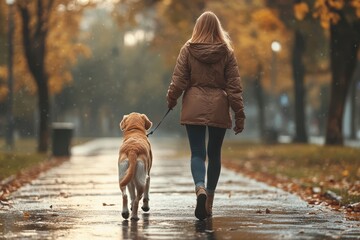 Finding Solace: Woman Walking Her Dog in Serene Park While Receiving Emotional Support