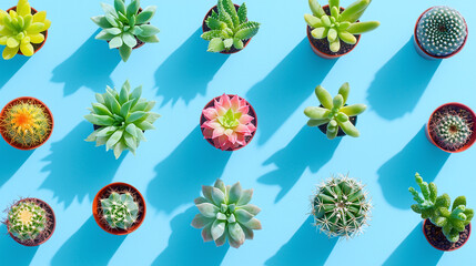 various types of succulent cactus plants arranged on a blue background, showcasing a colorful miniature plants pattern