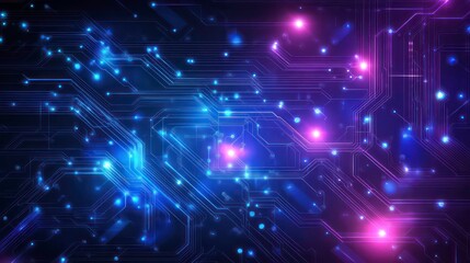 Abstract digital technology background with glowing lines and dots on a dark background.