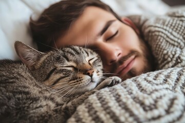 Comfort and Connection: Man Being Emotionally Supported by Holding his Cat in Bed