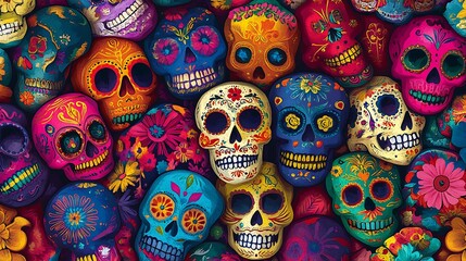 A colorful pattern of sugar skulls, with vibrant flowers and detailed designs. The skulls are painted in various colors and have intricate floral motifs.