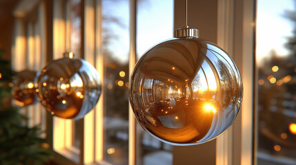 Close-up of shiny reflective ornaments hanging in front of large windows, capturing a warm sunset glow and indoor holiday ambiance. Soft lighting adds a festive feel