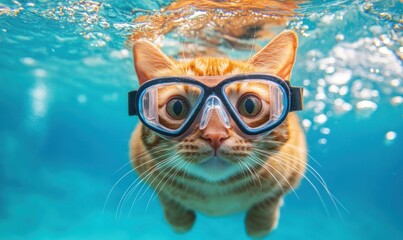 Cat swimming underwater with goggles in clear blue water Playful and fun scene capturing the pet s adventurous spirit in an aquatic environment