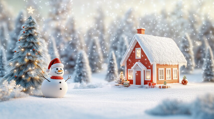 A snowman stands in front of a cutey house with a Christmas tree on a snow-covered surface against a soft, glowing bokeh snowy background. Generative AI.	