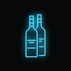 Blue neon sign depicting two bottles of wine glowing against a black background