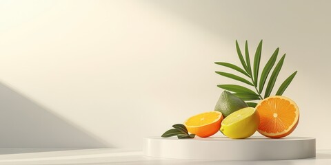 A vibrant display of assorted fruits, including oranges, lemons, and pineapple, arranged artistically on a white surface with soft lighting.
