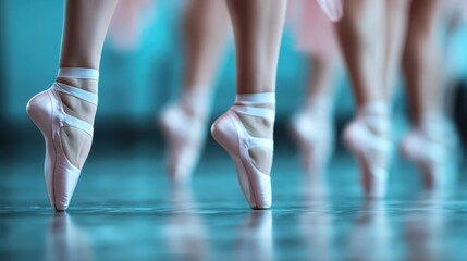 Ballet dancers practicing their technique on pointe in a studio, displaying strength and balance. The ballet shoes and soft lighting create a serene atmosphere.
