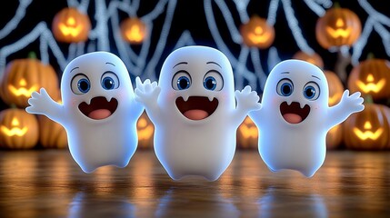 Obraz premium Three Cute Halloween Ghosts with Jack O Lanterns