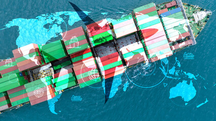 Cargo and shipping logistics business. Container ship navigating through maritime routes and air transportation logistics. Global trade, export, and import efficiency. Cargo logistics network and AI.