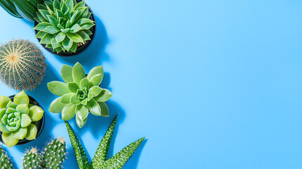 various succulent cactus plants on a blue background, celebrating the beauty of home gardening, flat lay top view