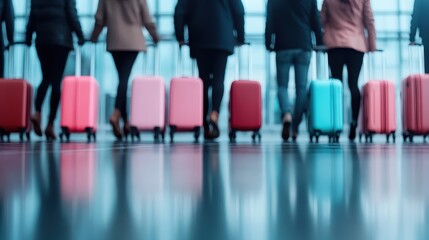 Several people walk through an airport hallway, each with their colorful suitcase, representing diversity, travel plans, and the anticipation of reaching new destinations.