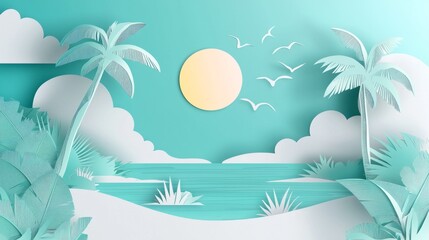 Sea with sky and cloud of paper cut. travel concept paper art background. Holiday summer