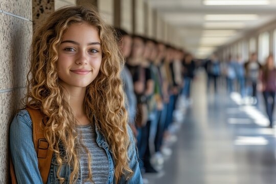 Finding Peace: European Teenage Girl Managing Anxiety with Deep Breaths in School Hallway