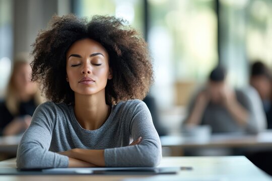 Serene Female Professional Practicing Stress Management at Busy Office Desk