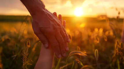 Adult and child hands holding, summer field, sunset light.