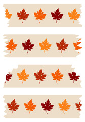 Set of colorful washi tapes with leaves pattern isolated on white. Tapes collection in vector. Pieces of decorative tape for albums. Beige and orange torn paper