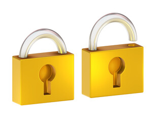 Golden padlock 3d render on png transparent background.