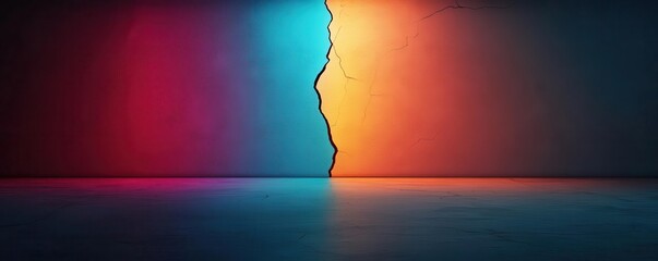 Vibrant rainbow light beams pouring through a cracked ceiling into a dark room, symbolizing imagination breaking through limits