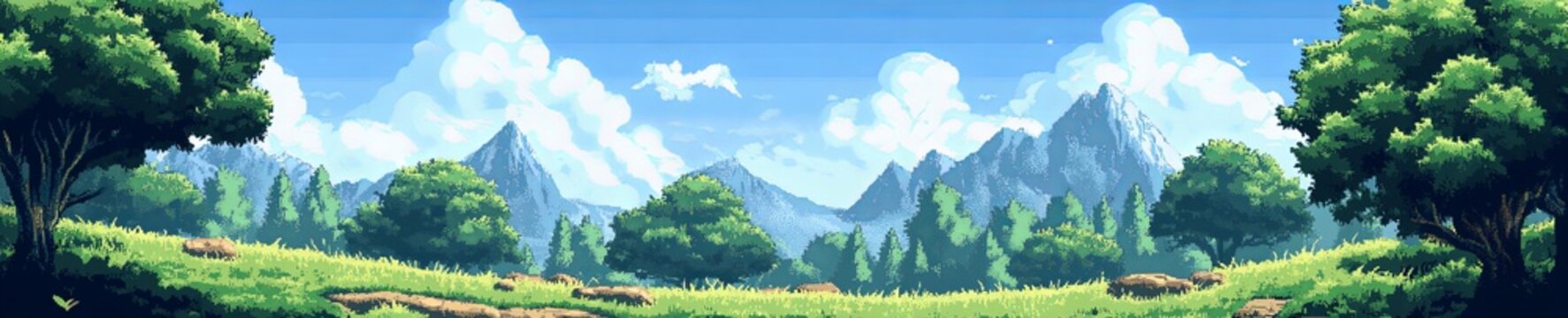 8bit retro background banner with green landscape, concept digital 80s and 90s aesthetics of computer games,
