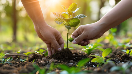 Planting A Sapling With Two Hands In Soil